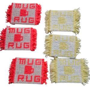 6 Vintage Kitschy Coasters Handmade Plastic Yarn Woven Mug Rugs Colorful